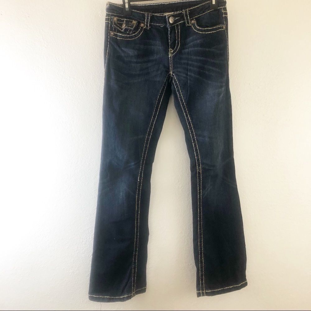 Miss Chic dark wash bootcut denim jeans prominent contrast Stitch size 7